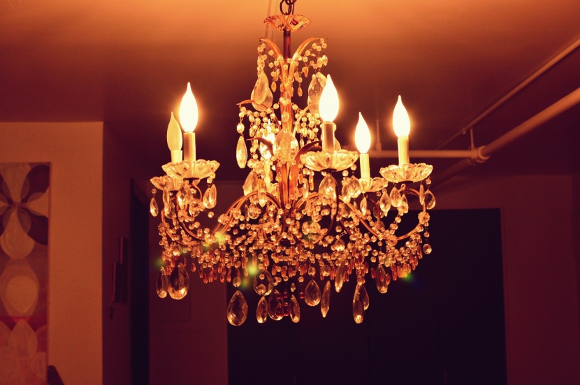 Beautiful chandelier lighting our new space.